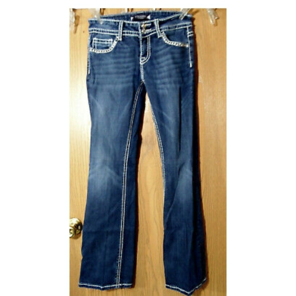 VIGOSS JEANS 27 3/4 Bootcut Dark wash Bling Rhinestone Stud flap pockets - Picture 5 of 9